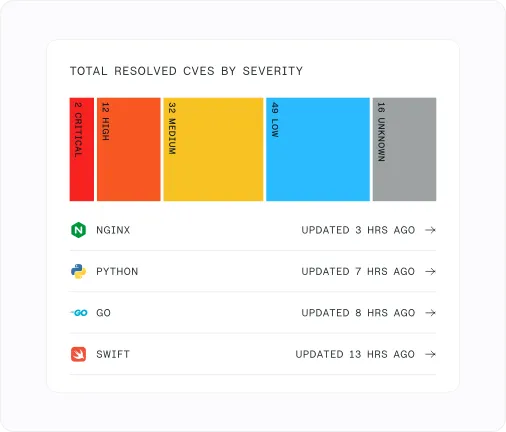 Bar chart of resolved CVEs by severity (Critical to Unknown) with a list of NGINX, Python, Go, and Swift updates to the right 