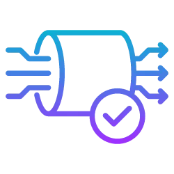 Gradient optimization icon: a rounded shape with moving speed lines entering from the left and a checkmark badge on the lower right, signaling improved performance 