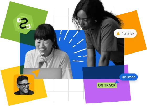 Collage of three diverse colleagues around a laptop, with bright sticky note shapes and status labels like 'ON TRACK' and 'at risk' 