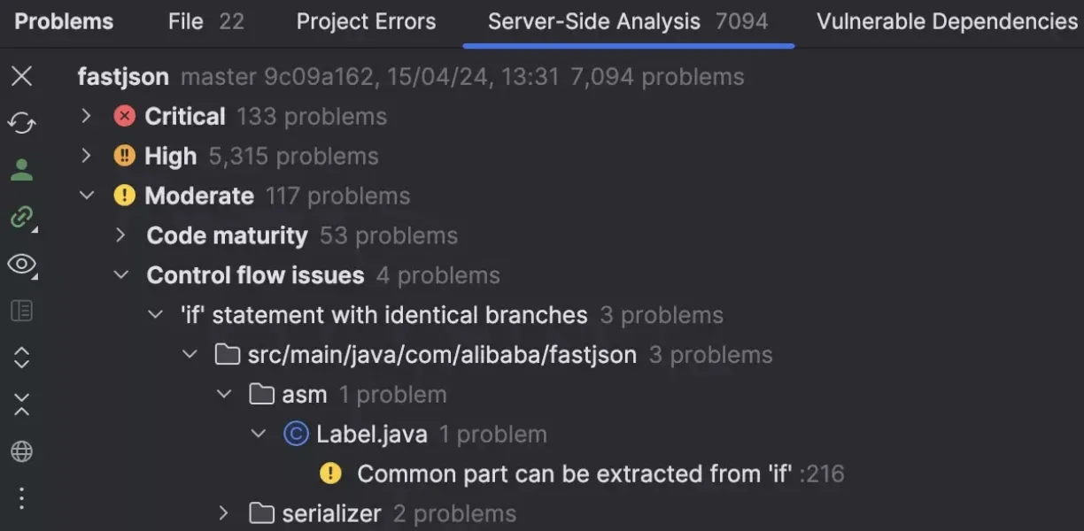 VS Code Problems panel showing server side analysis for project 'fastjson'; lists severities (Critical, High, Moderate) and issues like 'Label java' with a note about extracting common part from 'if' statement 