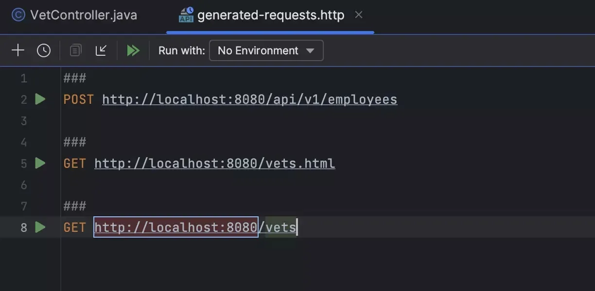 Screenshot of an HTTP request file showing local API calls: POST /api/v1/employees and GET /vets html and /vets on localhost:8080