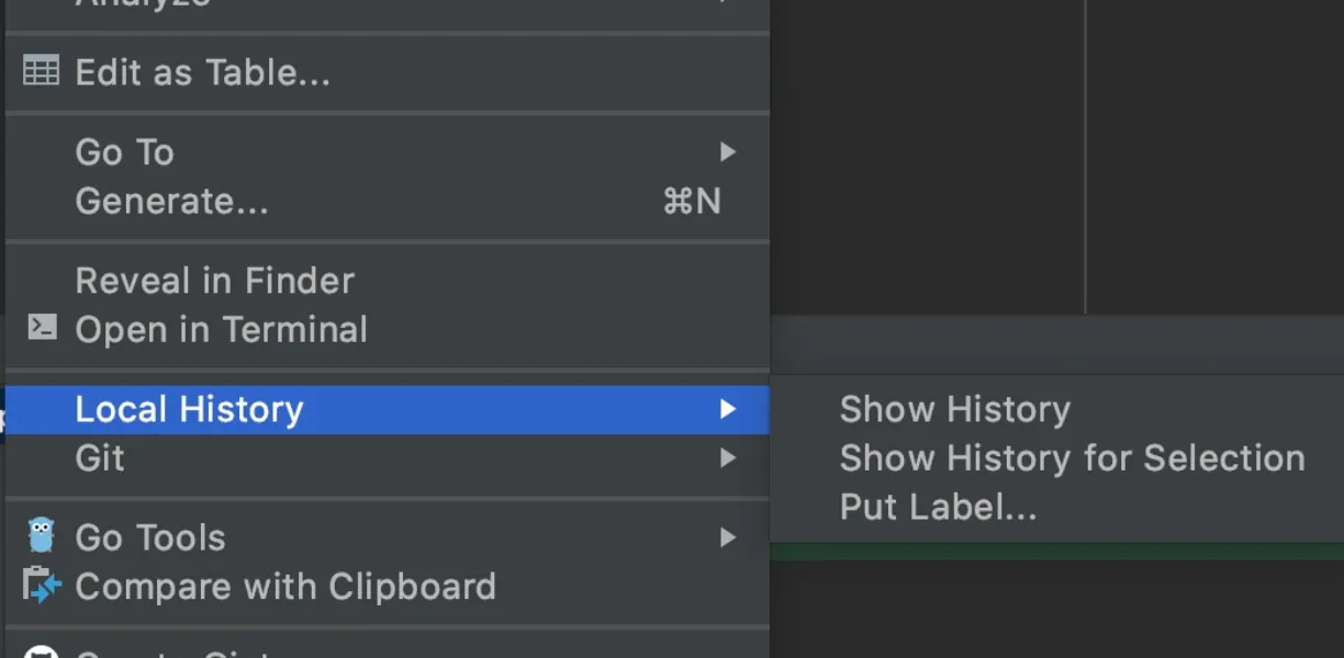 Context menu in an IDE with 'Local History' highlighted; submenu shows 'Show History', 'Show History for Selection', and 'Put Label   '