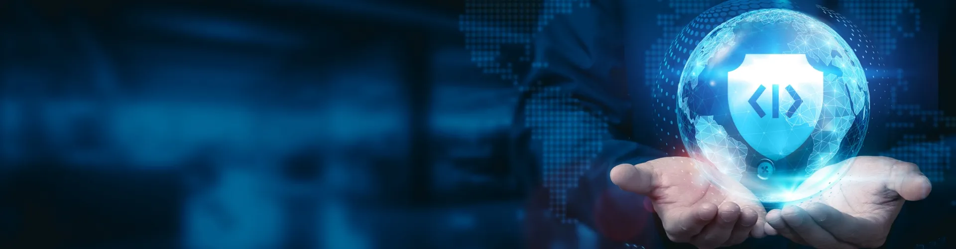 Cupped hands cradle a glowing blue globe with a coding symbol, representing digital technology and software.