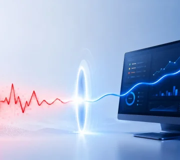 Monitor shows blue data charts with an upward trend while a red warning icon and heartbeat line approach from the left, signaling an alert