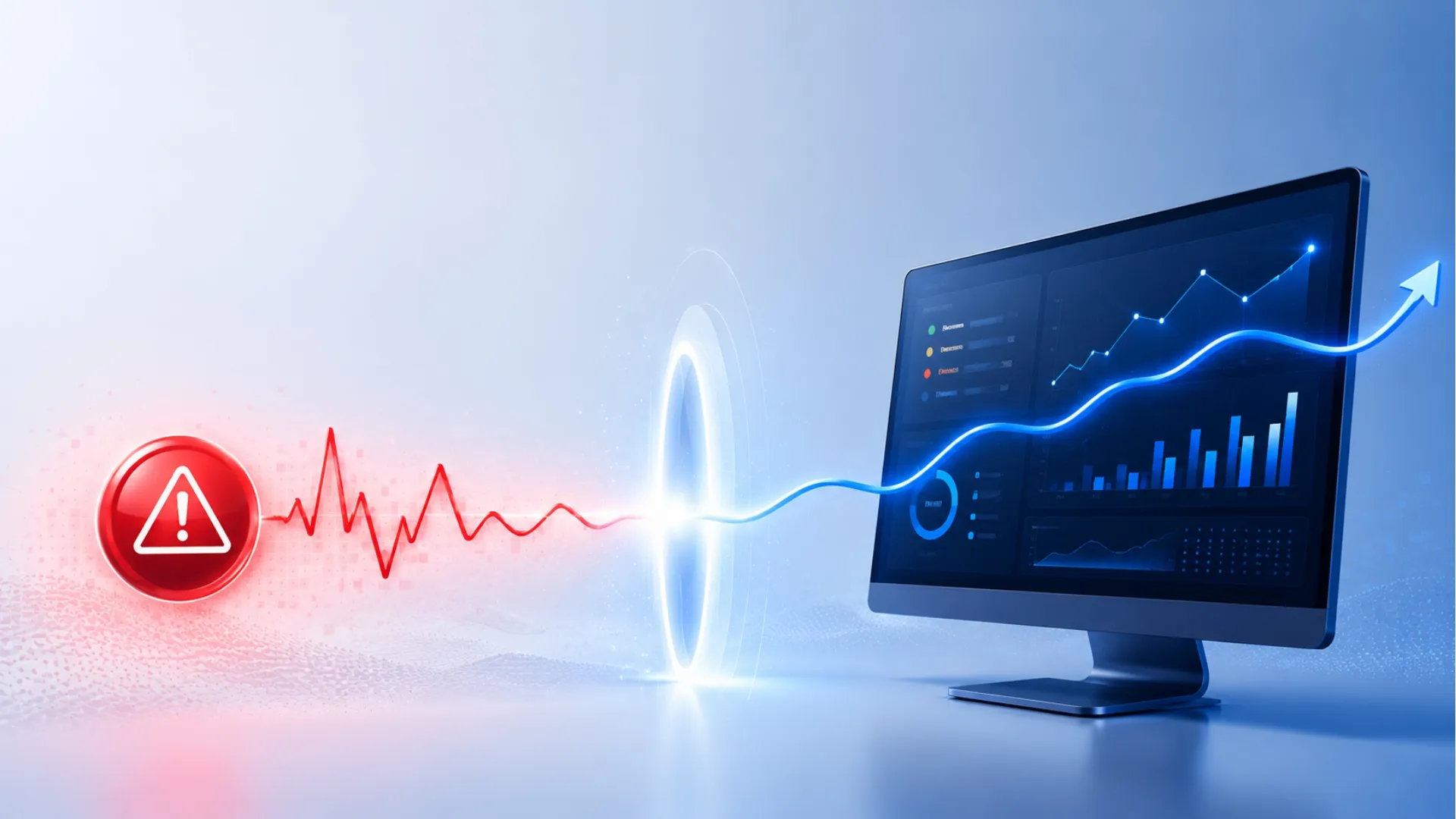 Monitor shows blue data charts with an upward trend while a red warning icon and heartbeat line approach from the left, signaling an alert